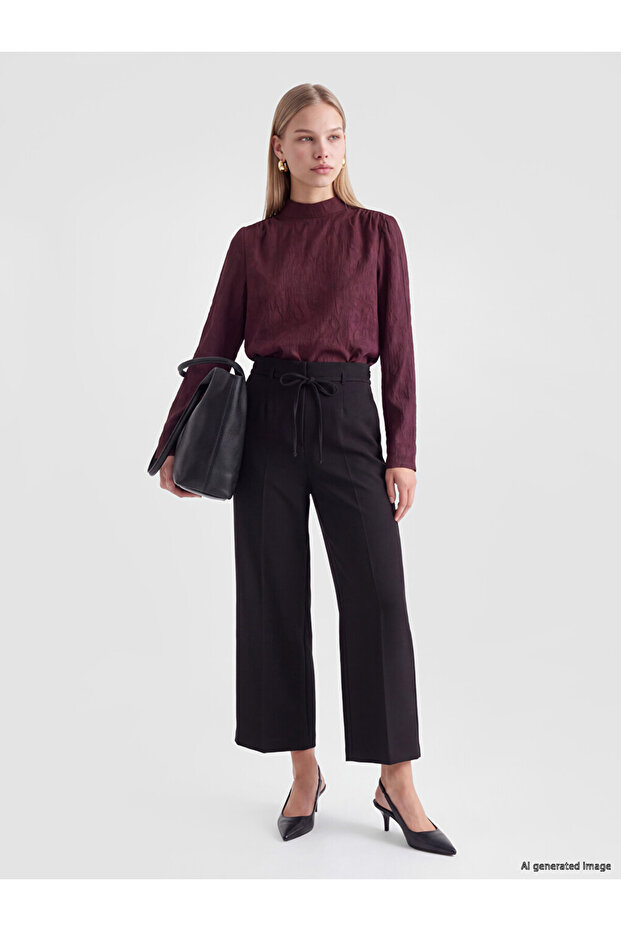 Özmarka New Season Black Regular Fit Belted Women's Trousers