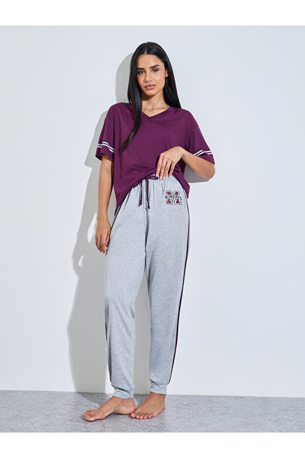 Purple V-Neck T-Shirt And Grey Cuffed Hem Pants Pyjama Set