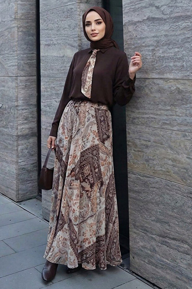 Brown Modal Hijab Skirt Set with Scarf 13860Kh