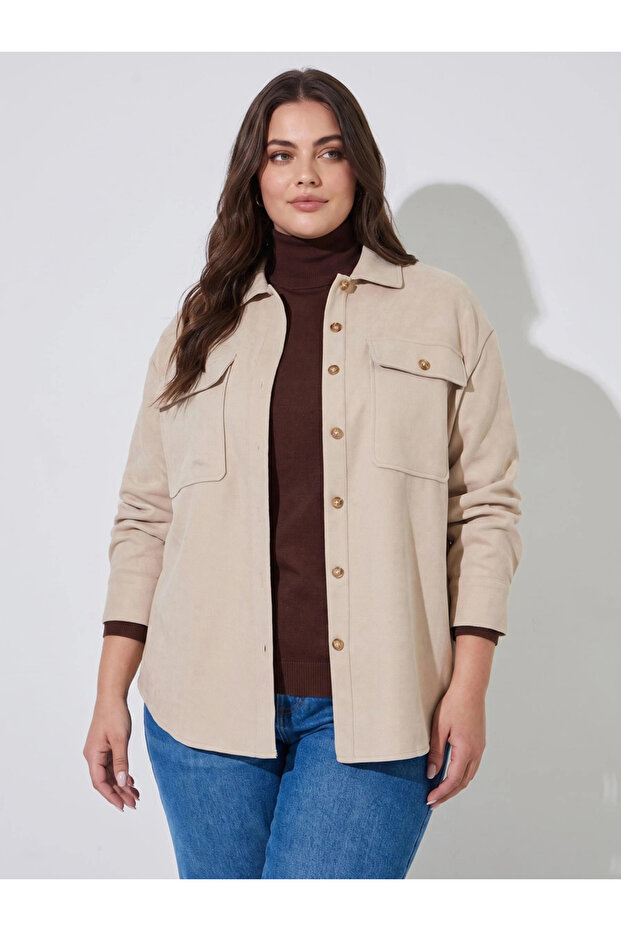Plus Size Beige Solid Long Sleeves Pocket Details Shirt