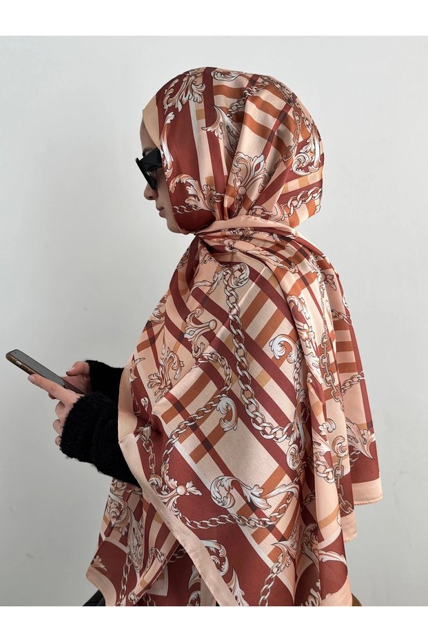 Plaid Pattern Janjan Shawl - Tile & Salmon