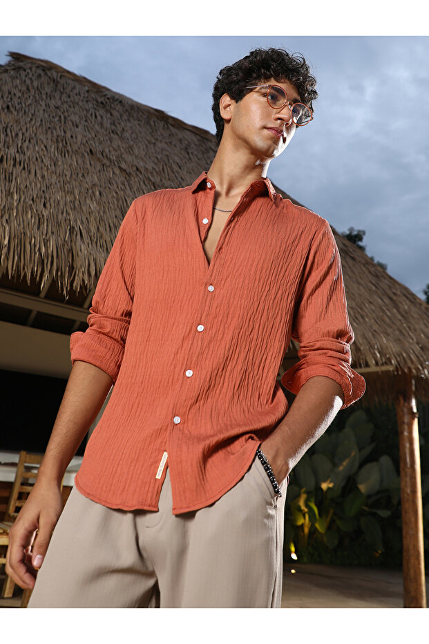 Men Orange Textured Linen Shirt