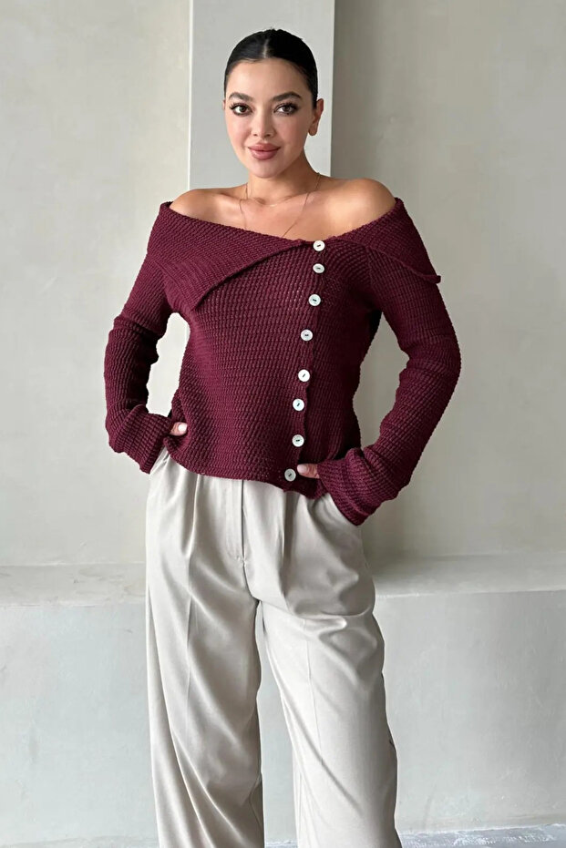 Burgundy Openwork Boat Neck Cardigan - 2Y4358