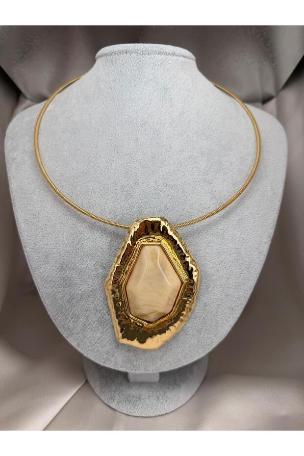 Women's Gold Cream Stone-Looking Large Pendant Necklace – Geometric Modern Design Statement Necklace