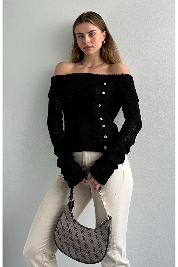 Black Openwork Boat Neck Cardigan - 2Y4358