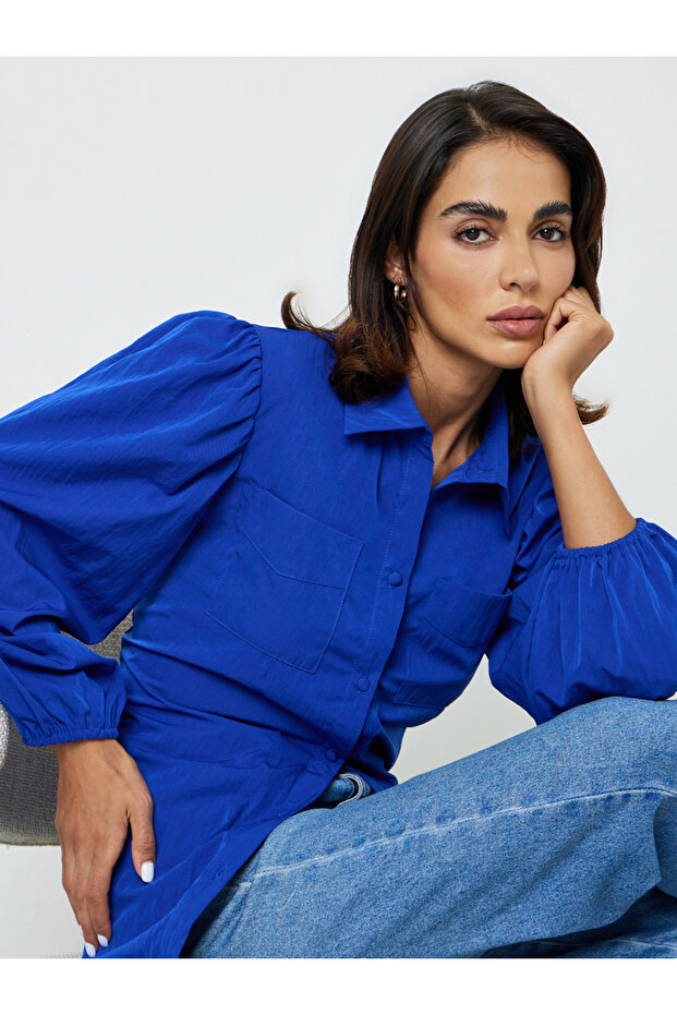 Dark Blue Regular Fit Button-Up Shirt With Pockets