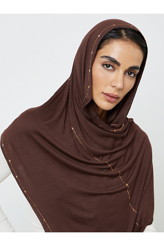 Coffee Brown Solid Hijab With Subtle Metallic Embellishments