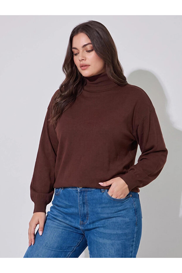 Plus Size Brown Turtleneck Sweater