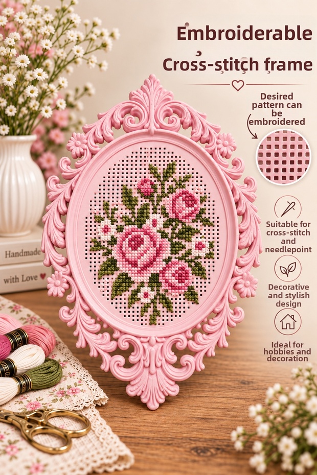 Workable Cross Stitch Frame Pink, Decorative Embroidery Hoop 12X8Cm
