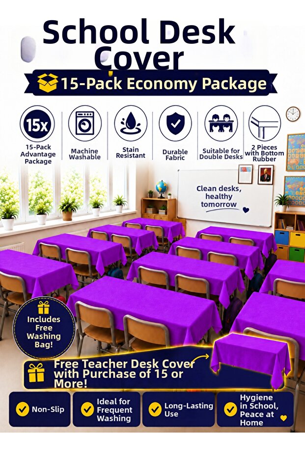 15-Piece School Desk Cover, Elastic, A-Quality Fabric, Stain-Resistant