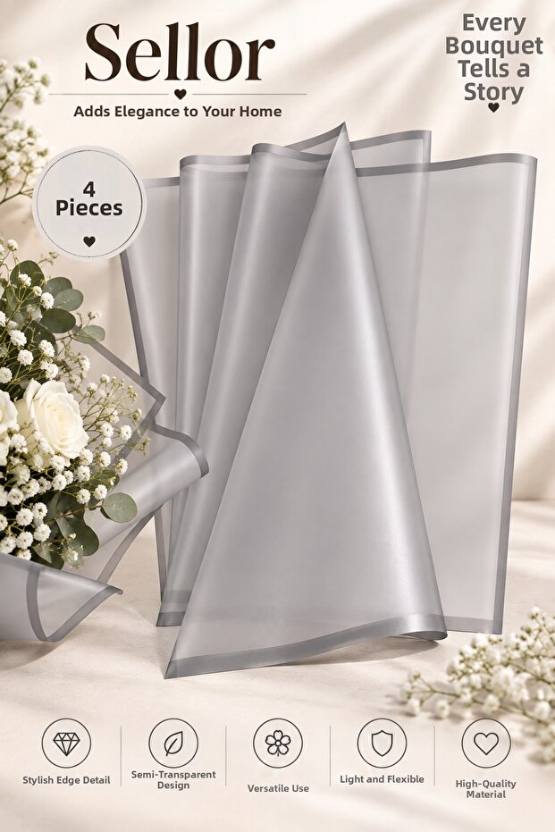 Gray Edged Flower Bouquet Packaging 57X57 cm Set of 4 Semi-Transparent Flower Packaging Material