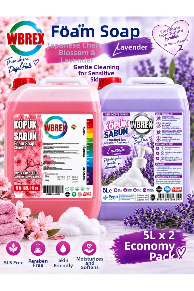 Japanese Cherry & Lavender Scented Glycerin Foam Hand Soap 5 L *2 Pieces – Economical for up to 5000 Uses