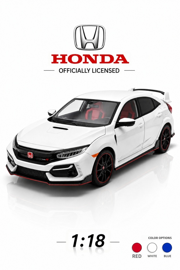 Officially Licensed 1:18 Honda Civic Type R Metal Diecast Model Car White - with Lights & Suspension