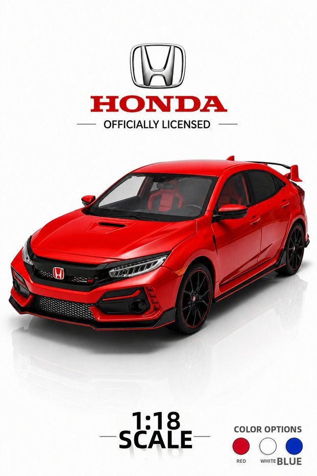 Officially licensed 1:18 honda civic type r metal diecast model car - red with lights and suspension