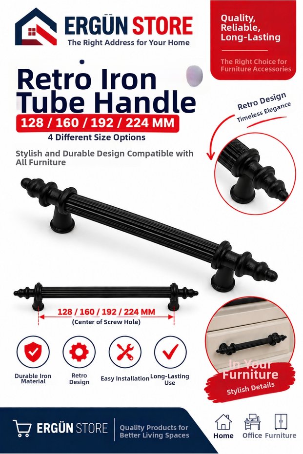 Retro, Pipe Iron Cabinet Drawer Handle Black 128-160-192-224 mm 1 Piece Screw Included