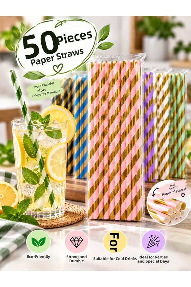 50 Pieces Metallic Gold Striped Paper Straws – Colorful Party, Birthday, and Beverage Straws