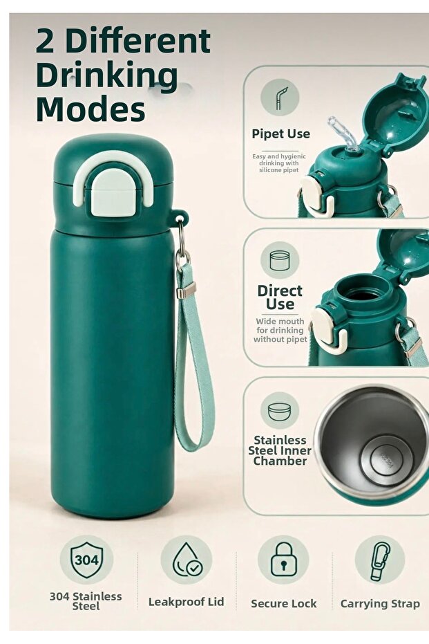 304 Stainless Steel Children's Water Bottle 600 ml Leak-Proof Water Bottle with Double Drinking Mode and Locking Lid