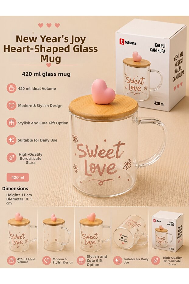 Heart Patterned 420 ml Glass Mug – Bamboo Lid, Heart Shaped