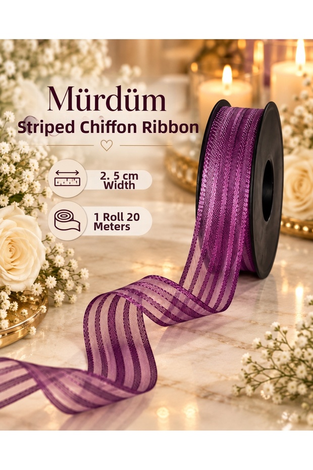 Plum Striped Chiffon Ribbon 2.5 cm – 1 Roll 20 Meters Gift Wrapping, Flower Bouquet, Engagement Wedding and Decoration Ribbon