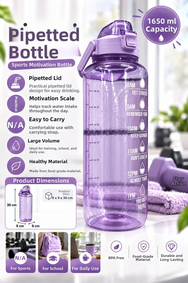 1650 ml Motivational Sports Water Bottle with Durable Body