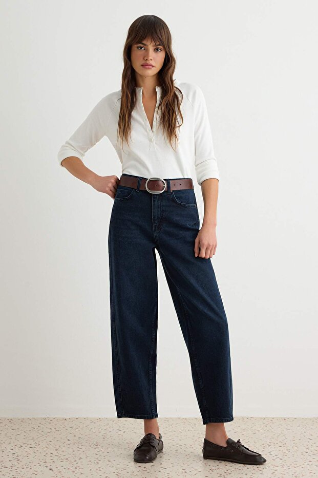 Gece Mavisi Dikiş Detaylı Yüksek Bel Az Esnek Barrel Jeans TWOSS26JE00306