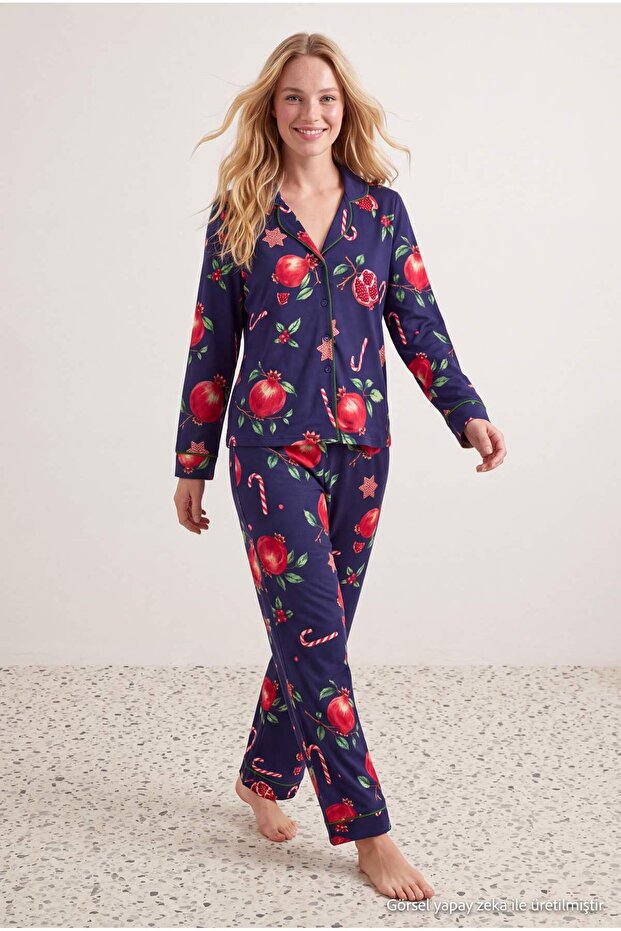 Navy Blue 100% Cotton Pomegranate Patterned Knitted Pajamas Set Thmaw27Pt00151