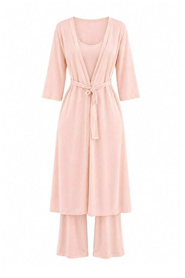 Powder 3-Piece Viscose Robe+Undershirt+Pants Knitted Pajama Set Thmaw27Pt00005