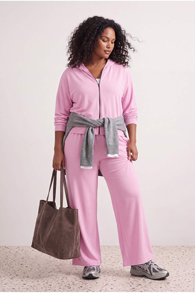 Pink Thin Soft Comfortable Flowy Fabric Front Zipper Large Size Tracksuit Set Tbbaw26Ts00017