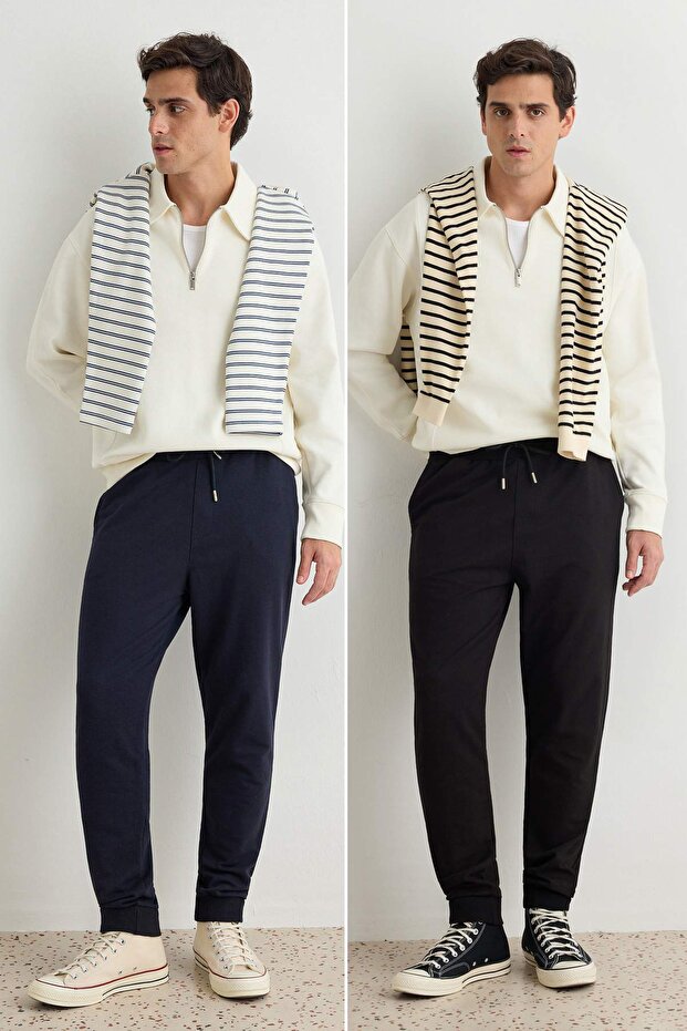Black-Navy Regular/Normal Fit Rubber Leg 2-Pack Sweatpants Tmnaw22Ea0279