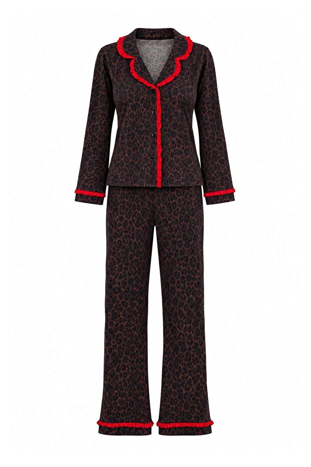 Kahverengi %100 Pamuklu Leopar Desenli Fırfırlı Örme Pijama Takımı THMAW27PT00214