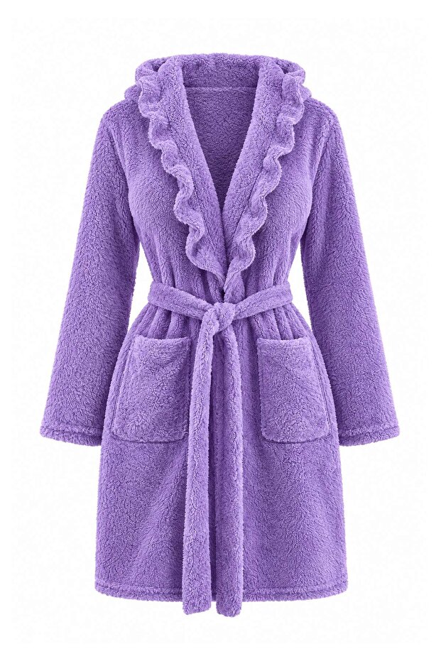 Lilac Frilly Pocketed Wellsoft Winter Knitted Dressing Gown Thmaw26Sb00005