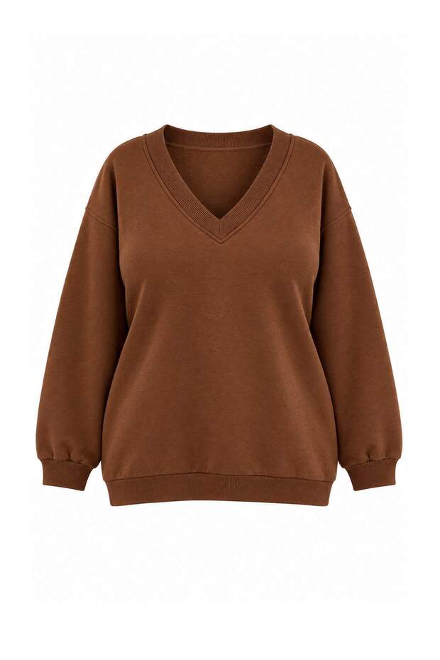 Brown V-Neck Basic Fleece Lined Oversized Sweatshirt Tbbaw26Ao00012