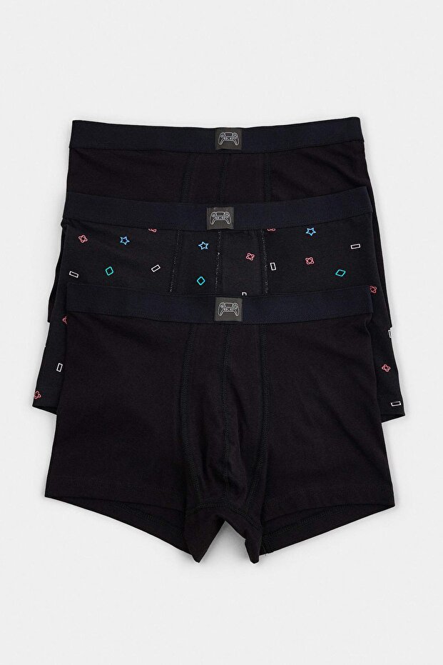 Black 3 Pack 1 Patterned 2 Plain Label Detailed Flexible Boxer Tmnaw27Bx00006
