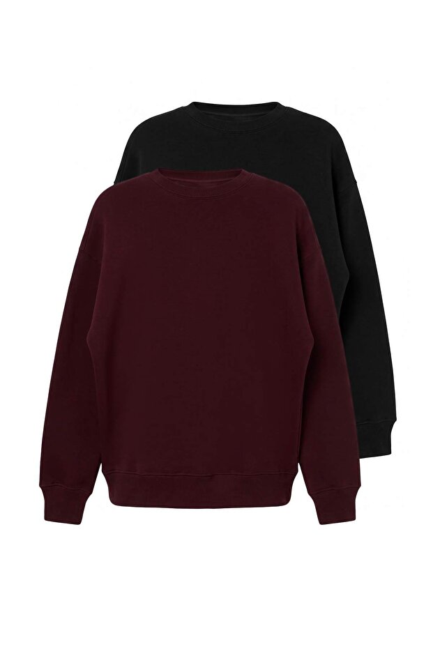 Black-Burgundy 2-Pack Oversize Cut Basic Thick/Fleece-Lined Knitted Sweatshirt Twoaw24Sw00102
