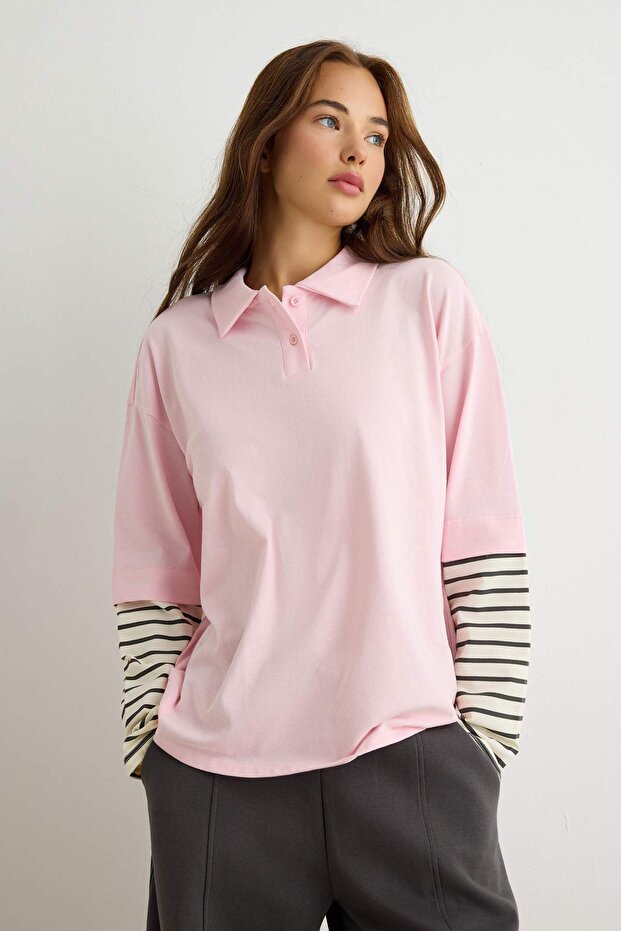 Açık Pembe Tok %100 Pamuklu Polo Yaka Kol Detaylı Oversize Kesim Örme T-Shirt TWOAW27TS00056