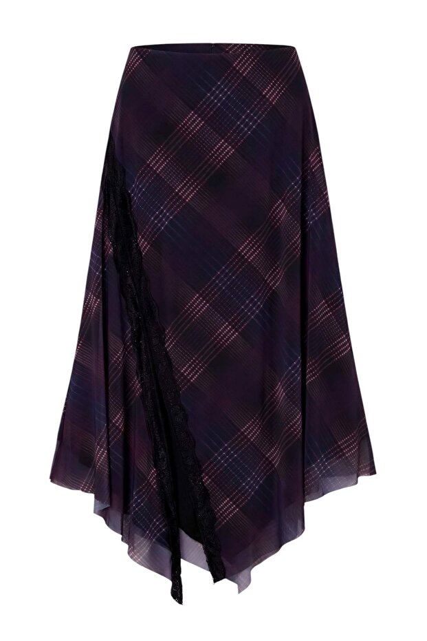 Black Plaid Patterned Tulle Lace Detailed Stretch Skirt Twoss25Et00067