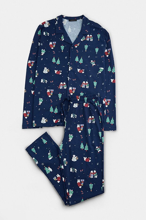Navy Blue Regular Christmas Themed 100% Cotton Knitted Pajama Set Tmnaw27Pt00045