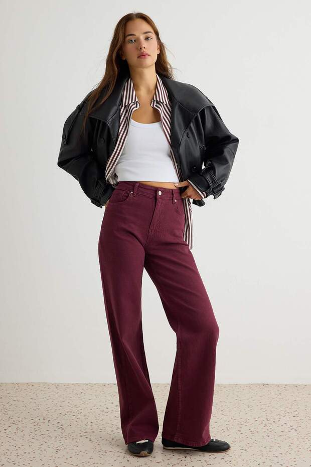 Bordo Yüksek Bel Orta Esnek Wide Leg Jeans TWOAW26JE00084