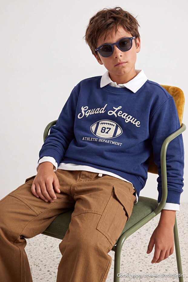 Navy Blue Boy's Printed Knitted Sweatshirt Tkdaw27Sw00036