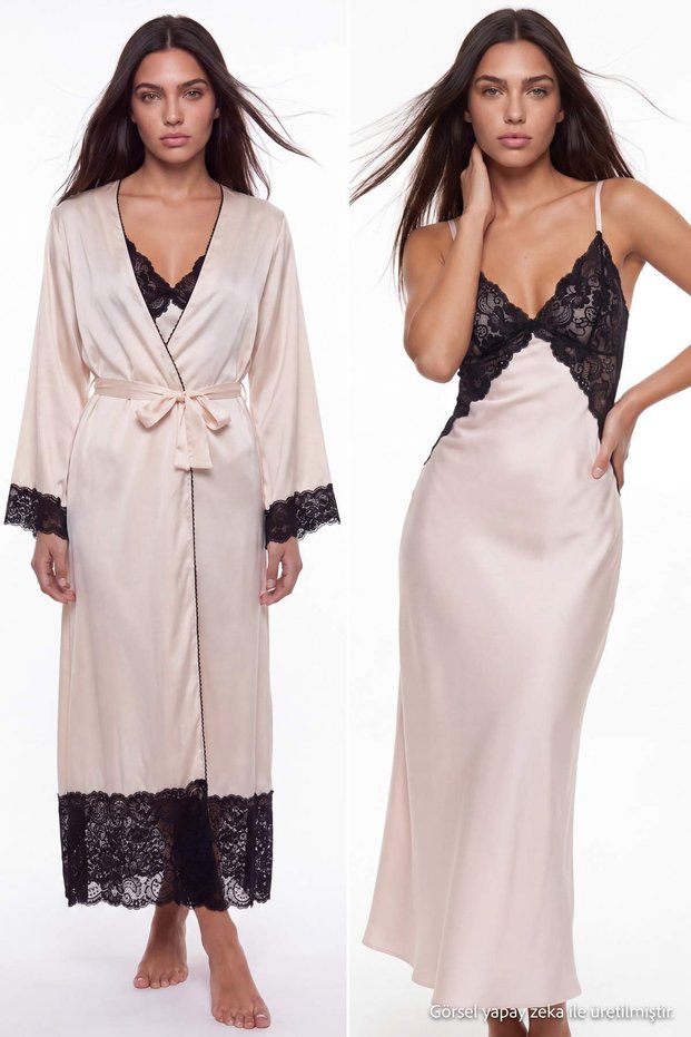 Off-white 2-piece bridal set with lace detail, satin woven Woven + robe THMAW27GC00025