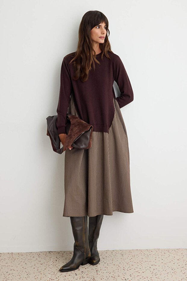 Brown Knitwear Top Striped A-Line/ Bell-Shape Midi Woven Dress Twoaw25El00359