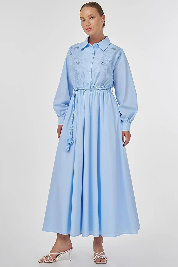 Laser Cut Cotton Maxi Dress Ice Blue