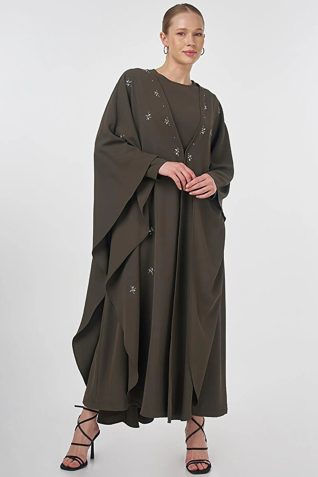Stone Embroidered Abaya Suit Khaki