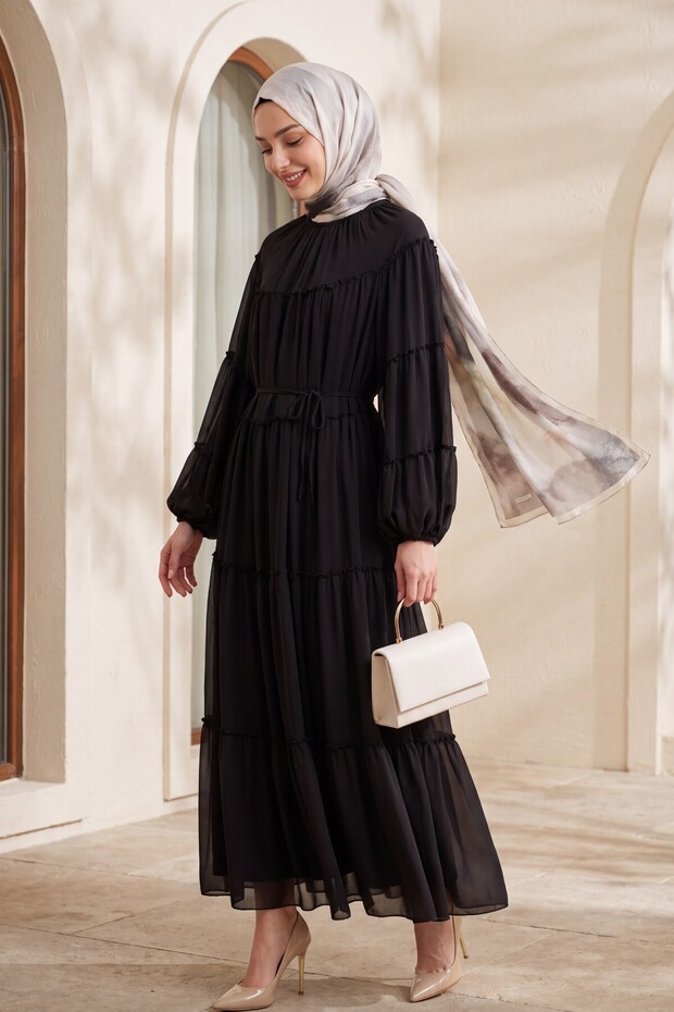 Elasticized Sleeves, Tieable Waist, Layered Ruffle Detailed Dress -K. Coffee