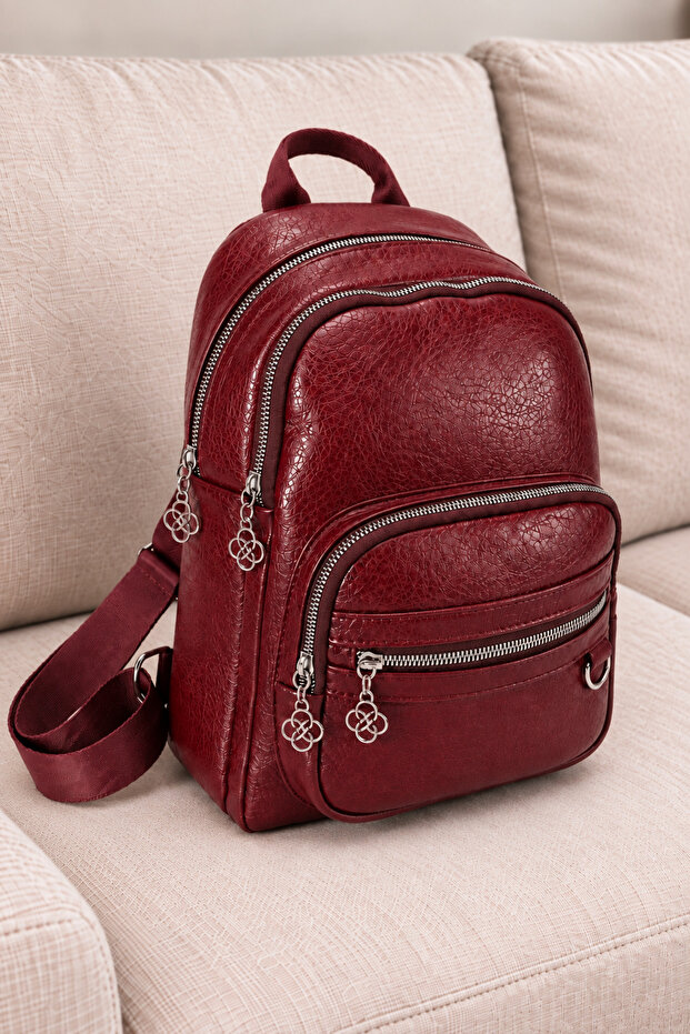 Women's Burgundy 4-Compartment Soft Leather Zippered Backpack – Adjustable Strap with Leather Detail