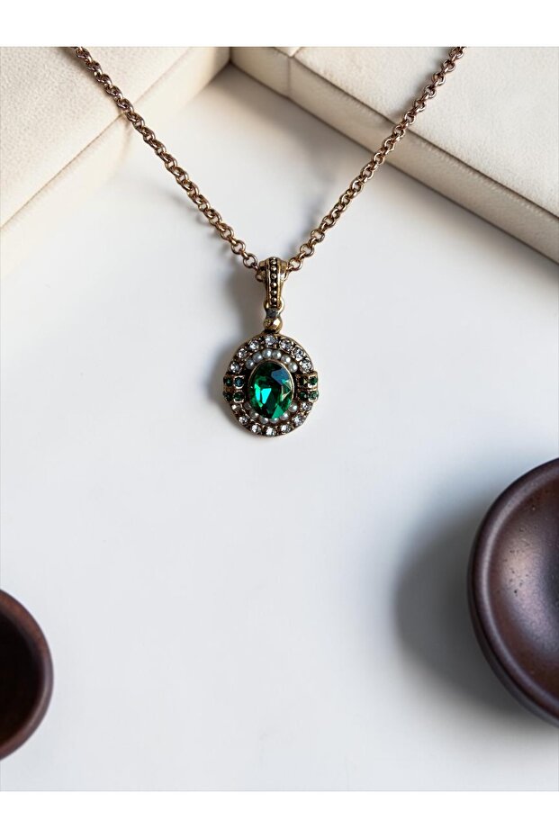 Oval Pendant with Zircon Stones and Pearl Inlay