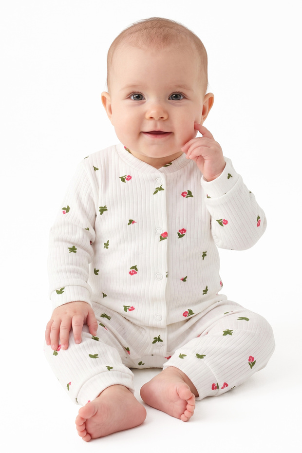 Baby Girl Ecru Green Tiny Floral Printed Snap Cuff Jumpsuit