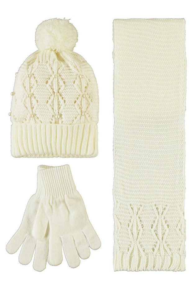 Waiter 10-13 Years Old Scarf, Beret and Glove Set - Ecru