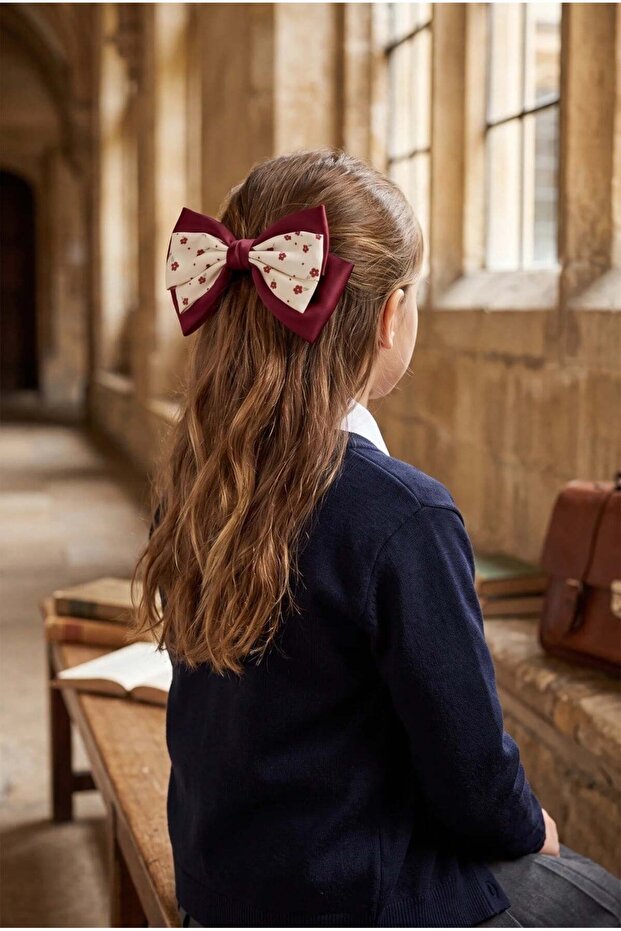 Girl's Floral Bow Automatic Buckle Ecru-Burgundy