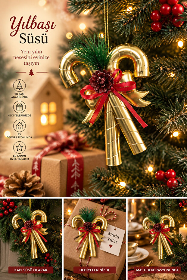 Luxury Christmas Pine Tree Ornament Gold Cane Figured Ornament